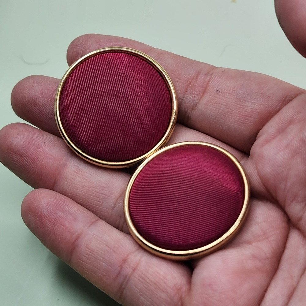 Vintage Burgundy Fabric Button Earrings Gold Tone Round Statement Pierced Posts